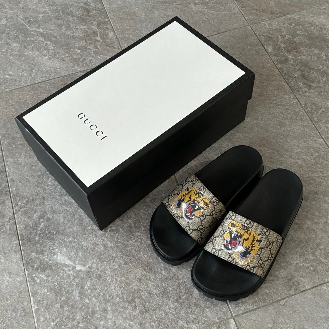 GUCCI GG SUPREME TIGER LOGO SLIDE SANDAL G6 FIT UK6 6.5 Men s Fashion Footwear Flipflops and Slides on Carousell