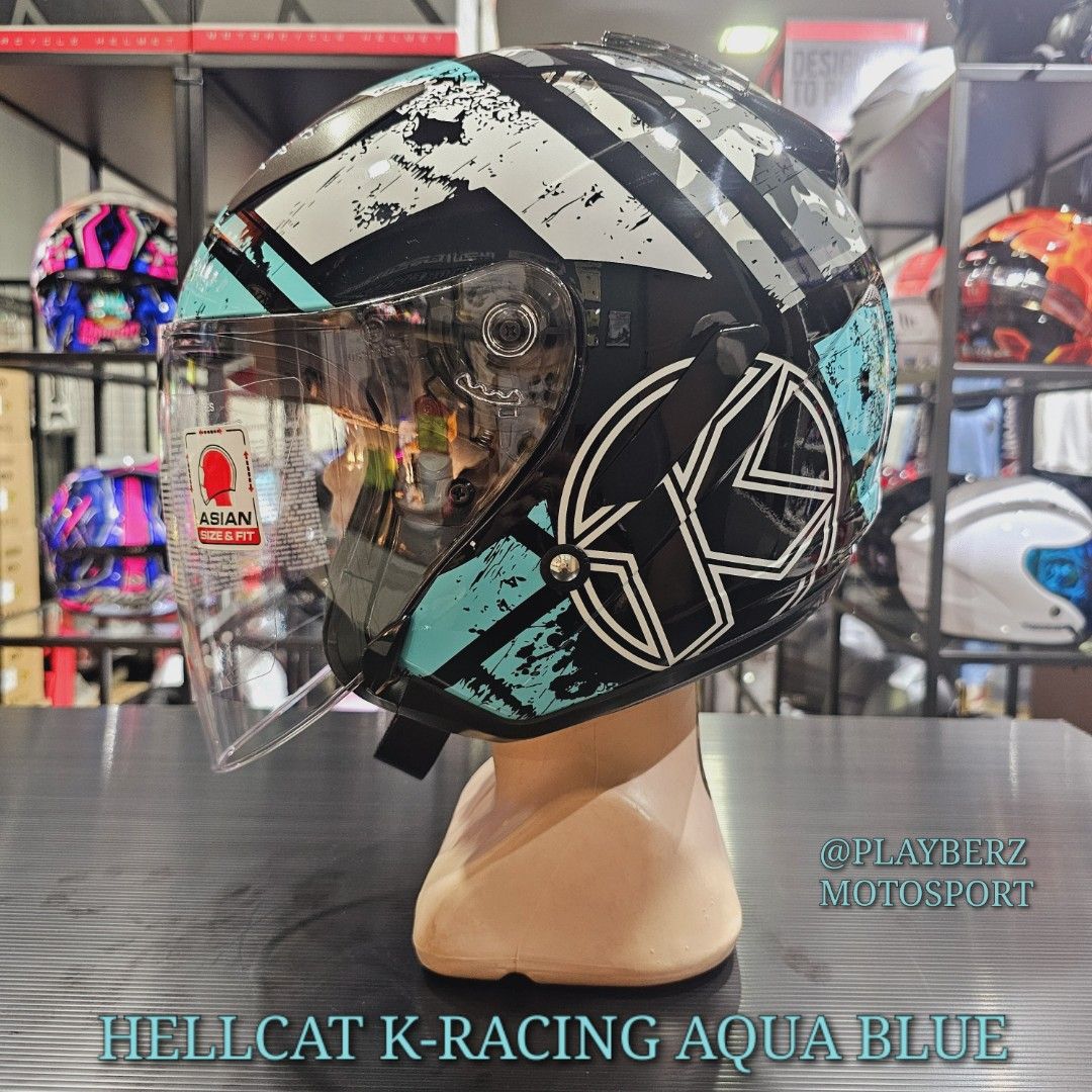 KYT HELLCAT K-RACING AQUA BLUE HELMET.. 🔥!! (Category: Motorcycle Accessories) located in Singapore. Submitted by playberzmotosport (Listing ID 1328675236, Image 1). Description: LATEST ARRIVAL.. 🔥🔥!! KYT HELLCAT K-RACING AQUA BLUE HELMET.. 😍💖!! RETAIL PRICE @$165 🌟NOW PROMO @$145..🔥!! (*TRADE IN YOUR OLD HELMET TO GET ADDITIONAL DISCOUNT..!! ) 🌟PSB APPROVED..!! 🌟EURO SPECS 🌟ABLE TO USE FOR PRACTICAL RIDING LESSONS 🌟REMOVABLE AND WASHA