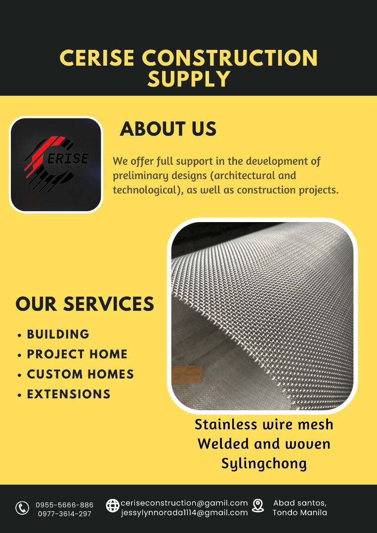 STAINLESS WIREMESH WELDED (Category: Construction Tools & Equipment) located in Manila. Submitted by vlmhardwarevennice (Listing ID 1328675810, Image 1). Description: CERISE CONSTRUCTION SUPPLY Look for MS.VEE for inquiries, Office located at 1147ALORENZO ST ABAD SANTOS TONDO MNL satellite office at imus cavite.