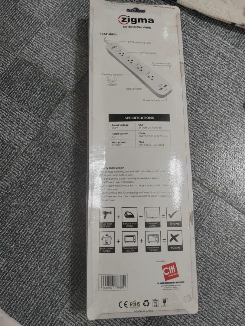 Zigma extension wire brandnew (Category: Other Home Appliances) located in General Mariano Alvarez. Submitted by item2love (Listing ID 1328603604, Image 2). Description: zigma extension wire sa citihardware price 1000 plus with smart USB individual switch power indicator.