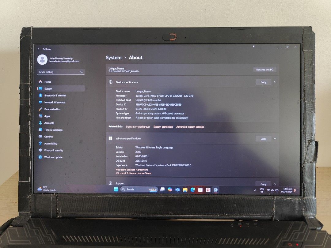 ASUS TUF GAMING FX504 (Category: Laptops & Notebooks) located in Quezon City. Submitted by boromirshop (Listing ID 1331842218, Image 2). Description: For Sale ASUS TUF GAMING FX504 Intel i7 core 8th gen, 16GB Ram, Nvidia gtx 1050. Gumagana pa but with the following issues: -Mabilis malowbat so dapat nakacharge lang lagi -Sira yung plastic sa may hinge kaya may mga electrical tape sa edge. -Sira yung keyboard so dapat may nakaconnect na bluetooth 