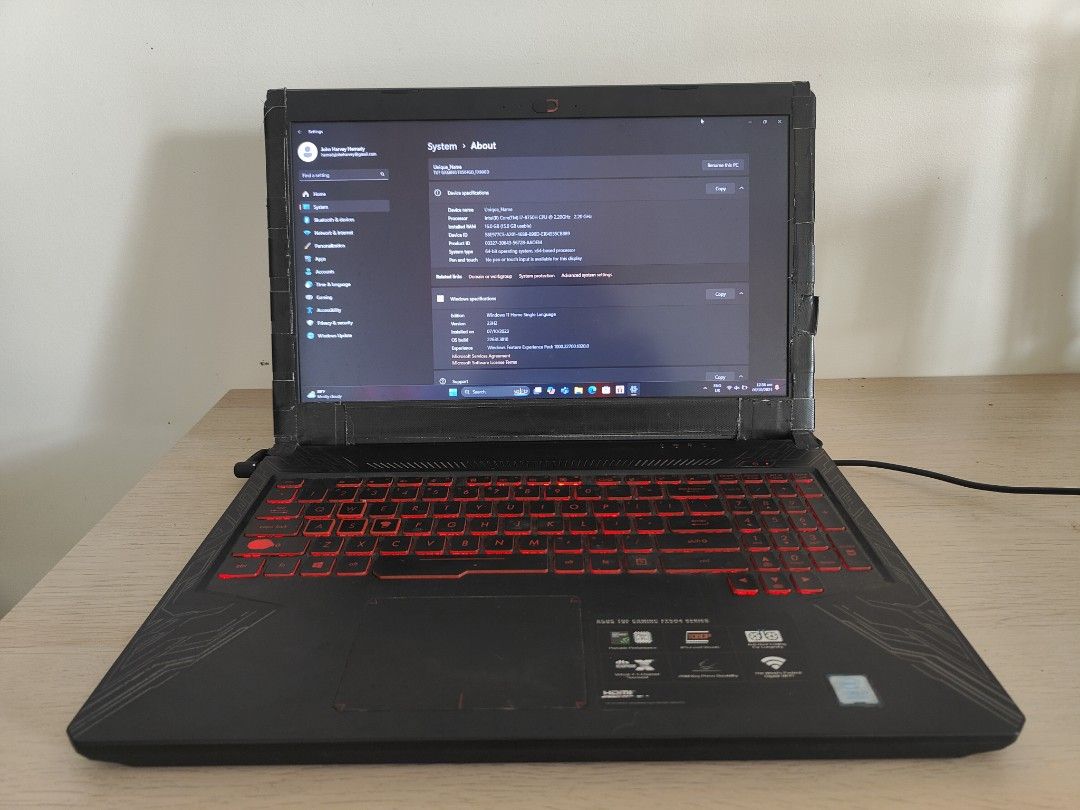 ASUS TUF GAMING FX504 (Category: Laptops & Notebooks) located in Quezon City. Submitted by boromirshop (Listing ID 1331842218, Image 1). Description: For Sale ASUS TUF GAMING FX504 Intel i7 core 8th gen, 16GB Ram, Nvidia gtx 1050. Gumagana pa but with the following issues: -Mabilis malowbat so dapat nakacharge lang lagi -Sira yung plastic sa may hinge kaya may mga electrical tape sa edge. -Sira yung keyboard so dapat may nakaconnect na bluetooth 