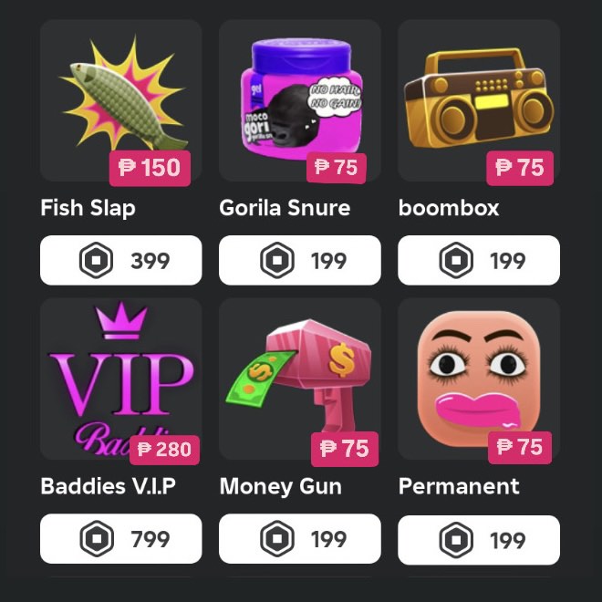 BADDIES BADDIE GAME ROBLOX GAMEPASSES FISH SLAP GORILA SNURE BOOMBOX