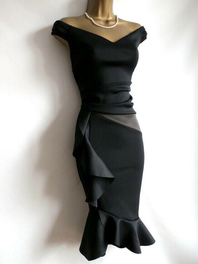 BNWT Sz UK Lipsy ASOS black satin Bardot sweetheart bodycon
