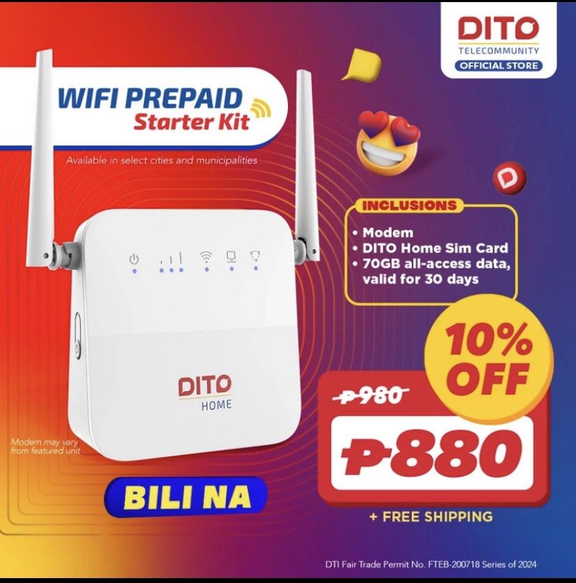 DITO PREPAID WIFI 4G (Category: Networking) located in Bacolod City. Submitted by digi.worldbycane (Listing ID 1331863856, Image 1). Description: FOR SALE DITO WIFI 4G -Good as new - with box and other manuals - can give lp for sure buyer DM for other details and actual pic🍡 MOP: GCASH ONLY for shipping only (shoulder by the buyer) .