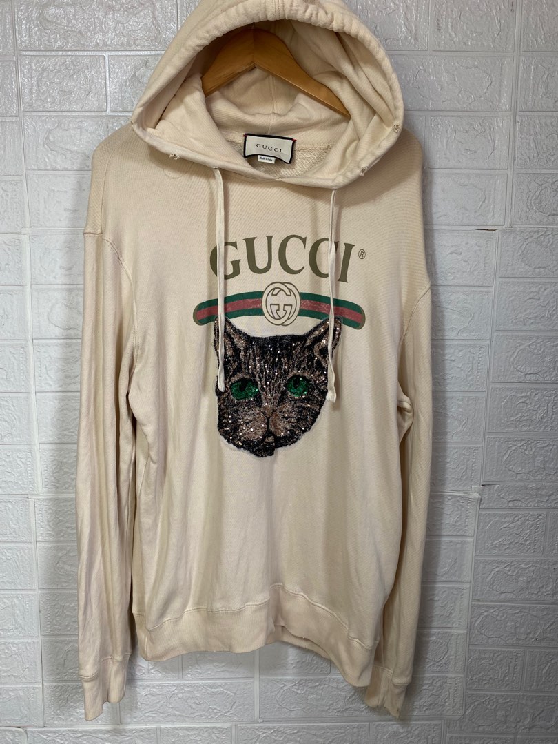 Gucci Cat Distressed Hoodie cream color