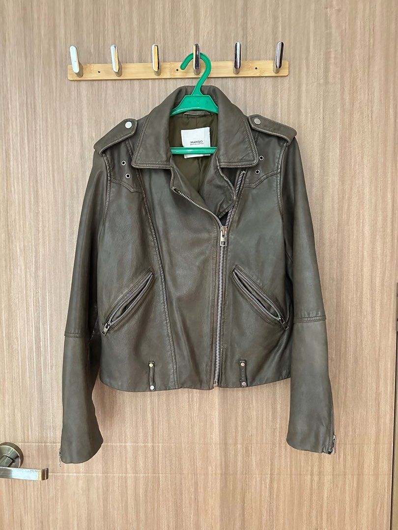 Mango army green leather jacket Women s Fashion Coats Jackets and Outerwear on Carousell