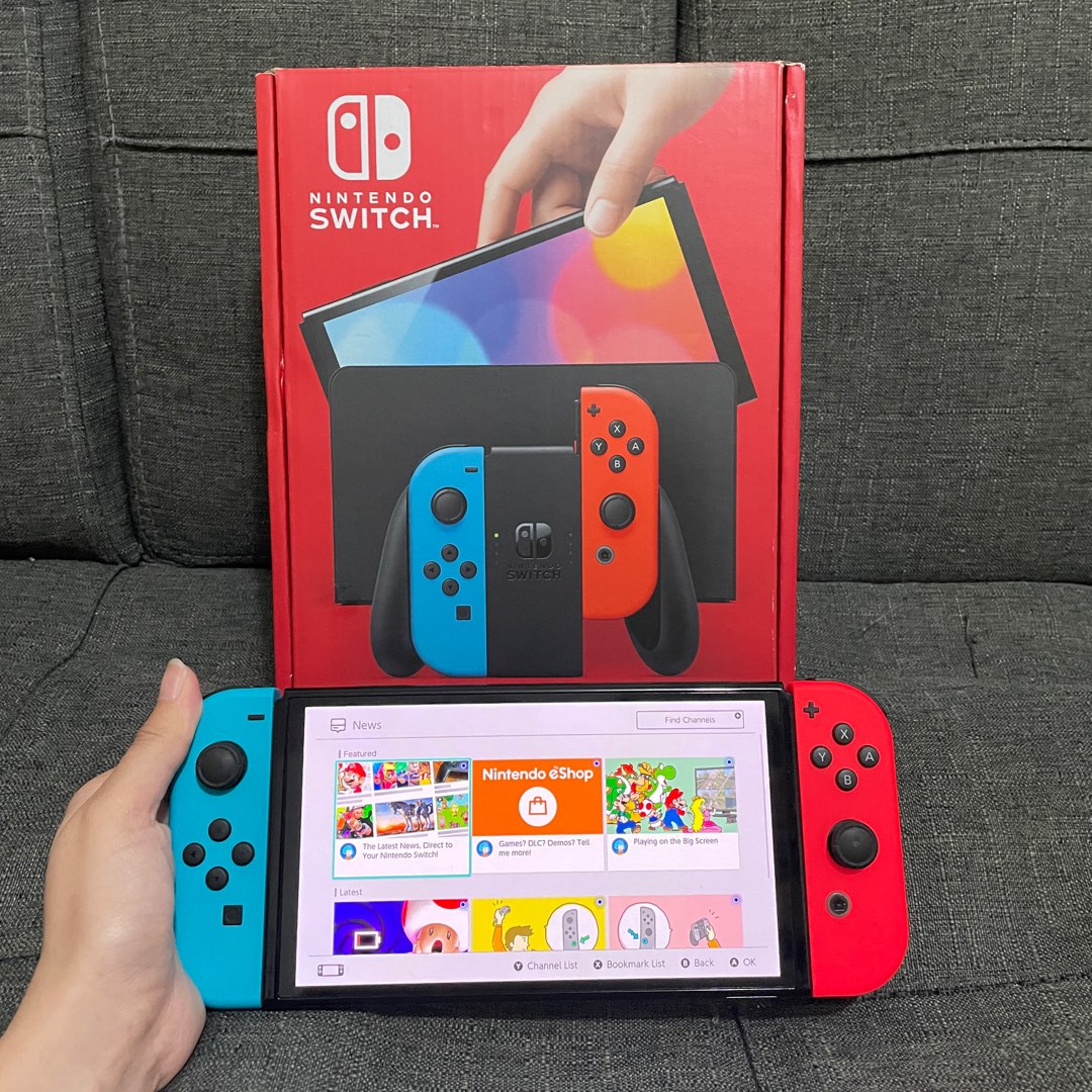Nintendo Switch OLED Neon Blue and Red Complete with Box and 15 Digital