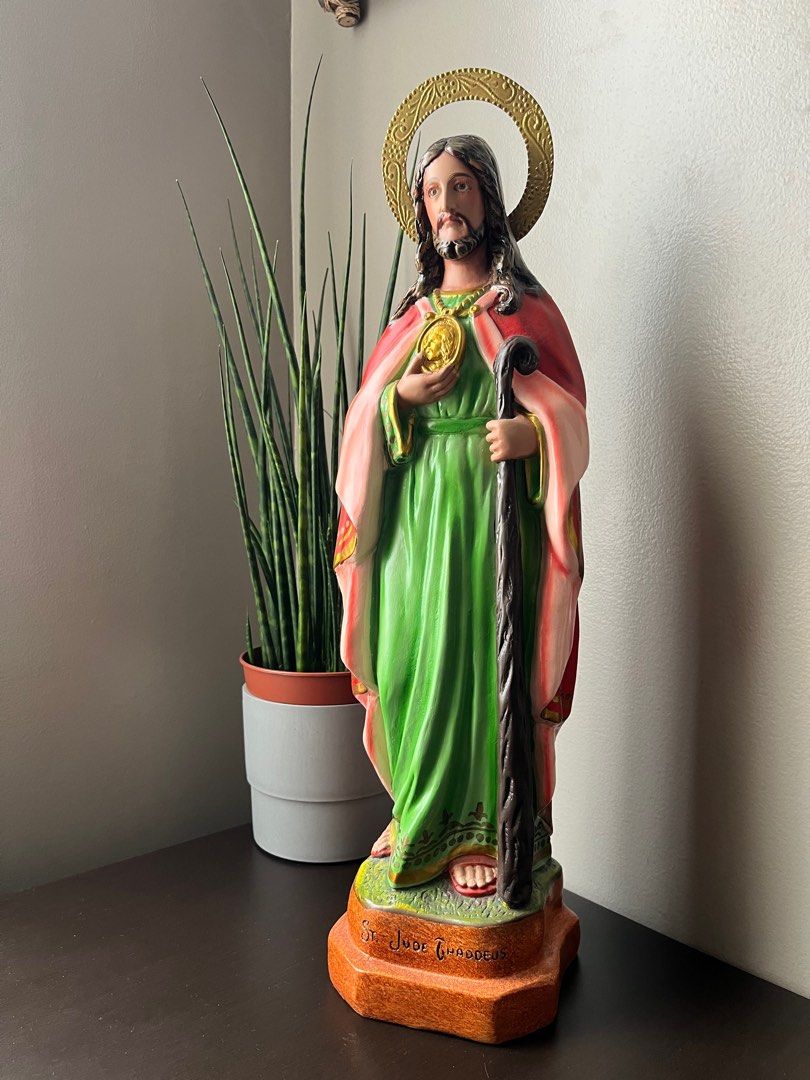 St. Jude Thaddeus (Category: Religious Items) located in Manila. Submitted by dnookandcranny2024 (Listing ID 1331739135, Image 1). Description: The patron of impossible cases, St. Jude is very dear to the hearts of filipinos since time immemorial. This statue of St. Jude stands around 20-21 inches, molded from a vintage escayola statue, with a detachable aureloe made of tin metal. He has a serene countenance, looking at his supplicants with affec