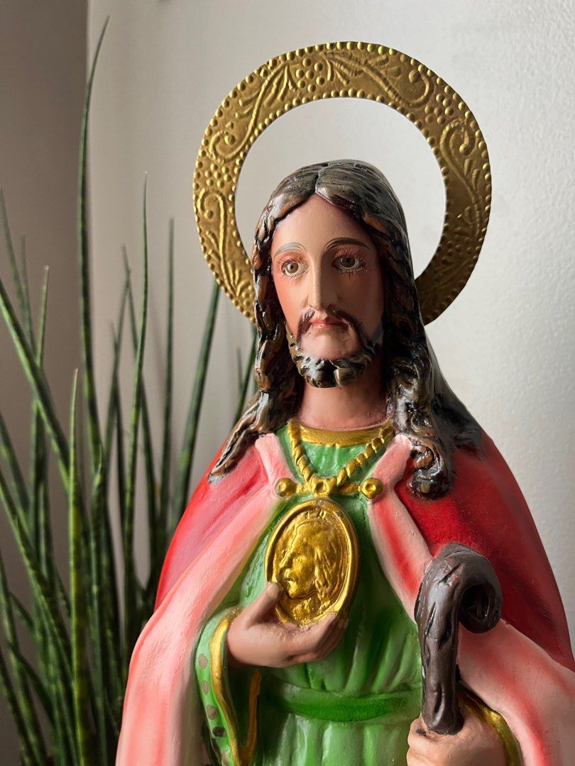 St. Jude Thaddeus (Category: Religious Items) located in Manila. Submitted by dnookandcranny2024 (Listing ID 1331739135, Image 2). Description: The patron of impossible cases, St. Jude is very dear to the hearts of filipinos since time immemorial. This statue of St. Jude stands around 20-21 inches, molded from a vintage escayola statue, with a detachable aureloe made of tin metal. He has a serene countenance, looking at his supplicants with affec