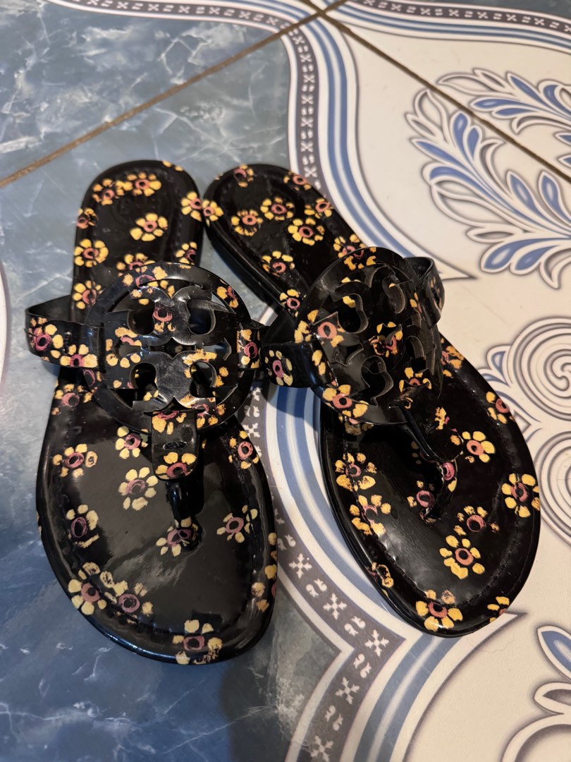 Tory Burch Black Patent Leather Stamped Floral Miller Sandals 5M Women s Fashion Footwear Flats Sandals on Carousell