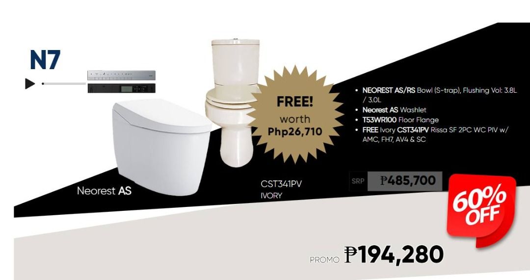 TOTO Neorest PROMO 2024 (Category: Bathtub & Bath Accessories) located in Quezon City. Submitted by rafaelrandolfcruz1923 (Listing ID 1331875201, Image 3). Description: It's good news! For the first time in TOTO's history, we are now offering our Neorest smart toilet at an incredibly low price. Additionally, we will provide a complimentary TOTO toilet with every transaction, and installation and delivery will be free for those residing in Metro M