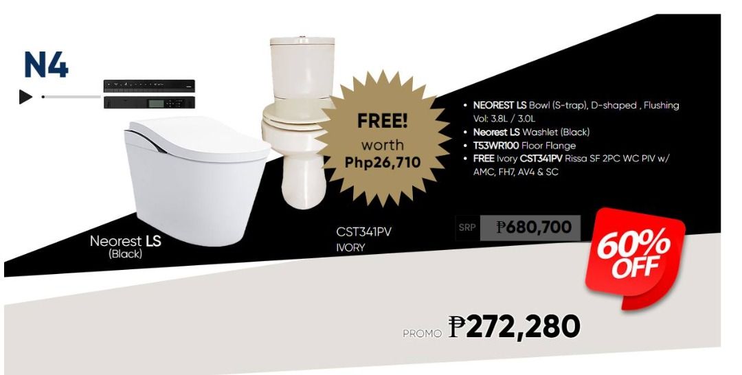 TOTO Neorest PROMO 2024 (Category: Bathtub & Bath Accessories) located in Quezon City. Submitted by rafaelrandolfcruz1923 (Listing ID 1331875201, Image 1). Description: It's good news! For the first time in TOTO's history, we are now offering our Neorest smart toilet at an incredibly low price. Additionally, we will provide a complimentary TOTO toilet with every transaction, and installation and delivery will be free for those residing in Metro M