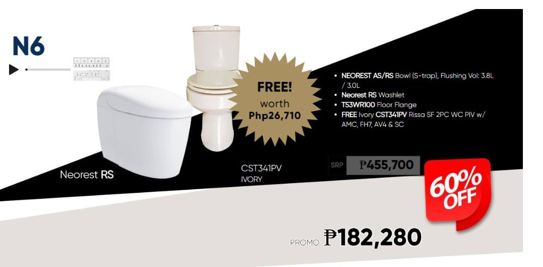 TOTO Neorest PROMO 2024 (Category: Bathtub & Bath Accessories) located in Quezon City. Submitted by rafaelrandolfcruz1923 (Listing ID 1331875201, Image 2). Description: It's good news! For the first time in TOTO's history, we are now offering our Neorest smart toilet at an incredibly low price. Additionally, we will provide a complimentary TOTO toilet with every transaction, and installation and delivery will be free for those residing in Metro M