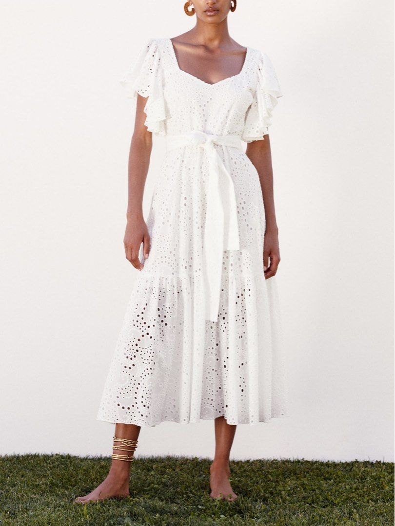 white eyelet dress zara Women's Short Puff Sleeve Embroidered Fit & Flare Mini M MIDI DRESS WITH CUTWORK EMBROIDERY Broderie Anglaise Dress Zara Zara