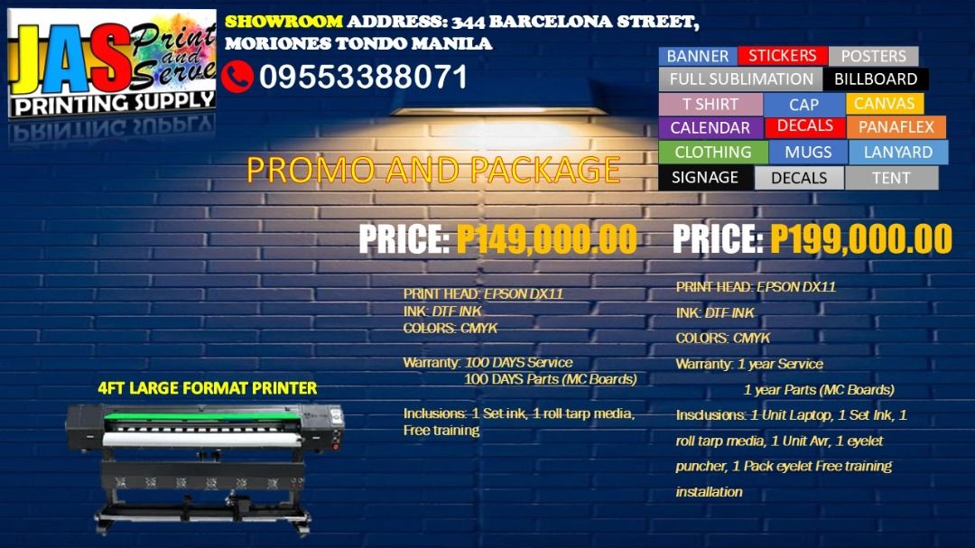 4ft SUBLIMATION PRINTER AND ECO SOLVENT PROMO AND PACKAGE (Category: Printers, Scanners & Copiers) located in Manila. Submitted by melvinflor41363 (Listing ID 1331984988, Image 1). Description: Tarpaulin Printer Machines (6ft & 10ft) Sublimation Printers (DX11, Dual Head DX11, i3200) DTF Machines (A3 Size & 2FT) Laser Cutters Cutter Plotters (2FT & 4FT) Heat Press Machines (Drawer Type 80x100 & Roller Type) Engraver Machines FREE Training & Insta