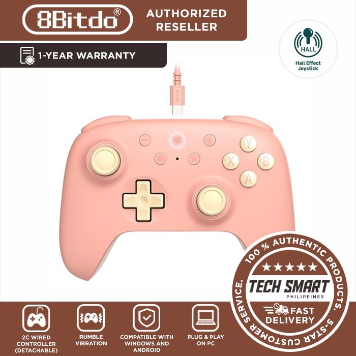 8Bitdo Ultimate 2C Wired Controller for Windows PC and Android, Hall Effect Joysticks / Triggers, and Remappable Bumpers (Category: Controllers) located in Las Pinas. Submitted by techsmartph (Listing ID 1241854173, Image 1). Description: Available in Peach, Mint, Green, Purple * Wired connection (detachable) and compatible with Windows and Android. * 1000Hz Polling Rate * Hall Effect joysticks and Hall triggers. Wear-resistant metal joystick rin