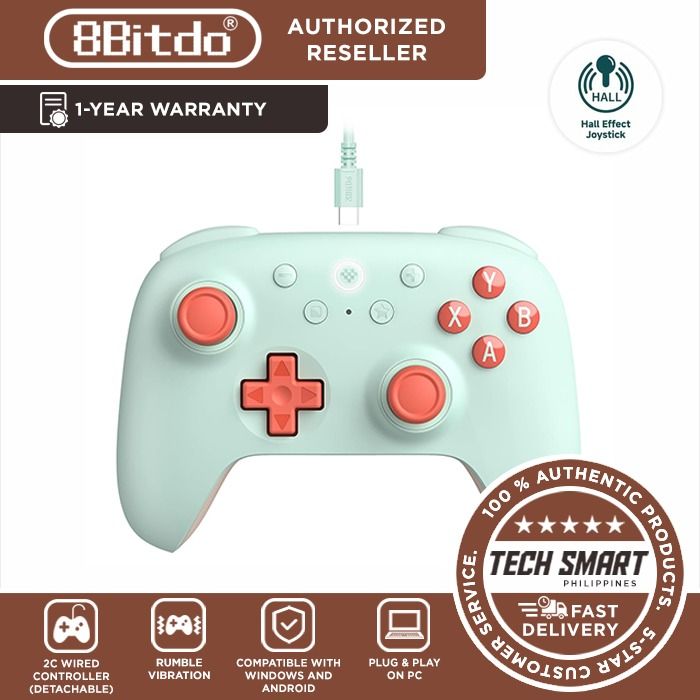 8Bitdo Ultimate 2C Wired Controller for Windows PC and Android, Hall Effect Joysticks / Triggers, and Remappable Bumpers (Category: Controllers) located in Las Pinas. Submitted by techsmartph (Listing ID 1241854173, Image 2). Description: Available in Peach, Mint, Green, Purple * Wired connection (detachable) and compatible with Windows and Android. * 1000Hz Polling Rate * Hall Effect joysticks and Hall triggers. Wear-resistant metal joystick rin