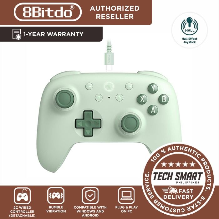 8Bitdo Ultimate 2C Wired Controller for Windows PC and Android, Hall Effect Joysticks / Triggers, and Remappable Bumpers (Category: Controllers) located in Las Pinas. Submitted by techsmartph (Listing ID 1241854173, Image 3). Description: Available in Peach, Mint, Green, Purple * Wired connection (detachable) and compatible with Windows and Android. * 1000Hz Polling Rate * Hall Effect joysticks and Hall triggers. Wear-resistant metal joystick rin