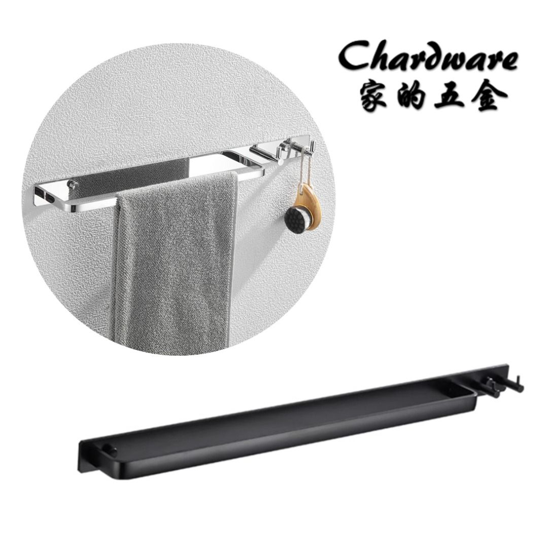 【免打孔 / 打孔雙用】304不鏽鋼毛巾桿＋兩掛鉤（亮光.霧黑）單桿.浴巾.毛巾架.掛衣鉤.置物架.毛巾桿.衛浴配件