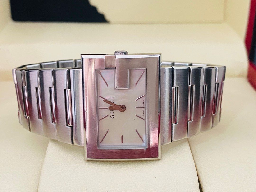 Auth Gucci 100L G Rectangular Mother of Pearl Dial Watch for Ladie s