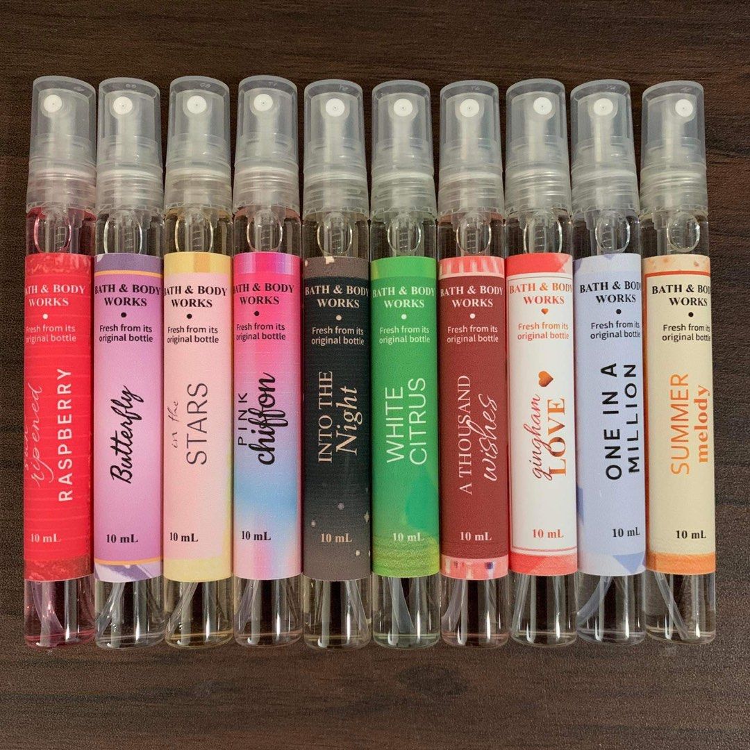 BATH & BODY WORKS | 10ml Decant/Takal (Category: Fragrance & Deodorants) located in Cavite. Submitted by Cheapips (Listing ID 1332055961, Image 1). Description: ✨ BATH & BODY WORKS 10ml ✨ ✨ Over 100 scents to choose from ✨ 💯 Original | Authentic | Legit 💯 Cute & Handy 💯 Affordable | Budget Friendly 💯 Onhand & Ready to ship 🛵 Same day delivery thru Lalamove & Grab 📦 Nationwide shipment via J&T 🧡 Available in Orange & Blue basket ❤️ Souvenie