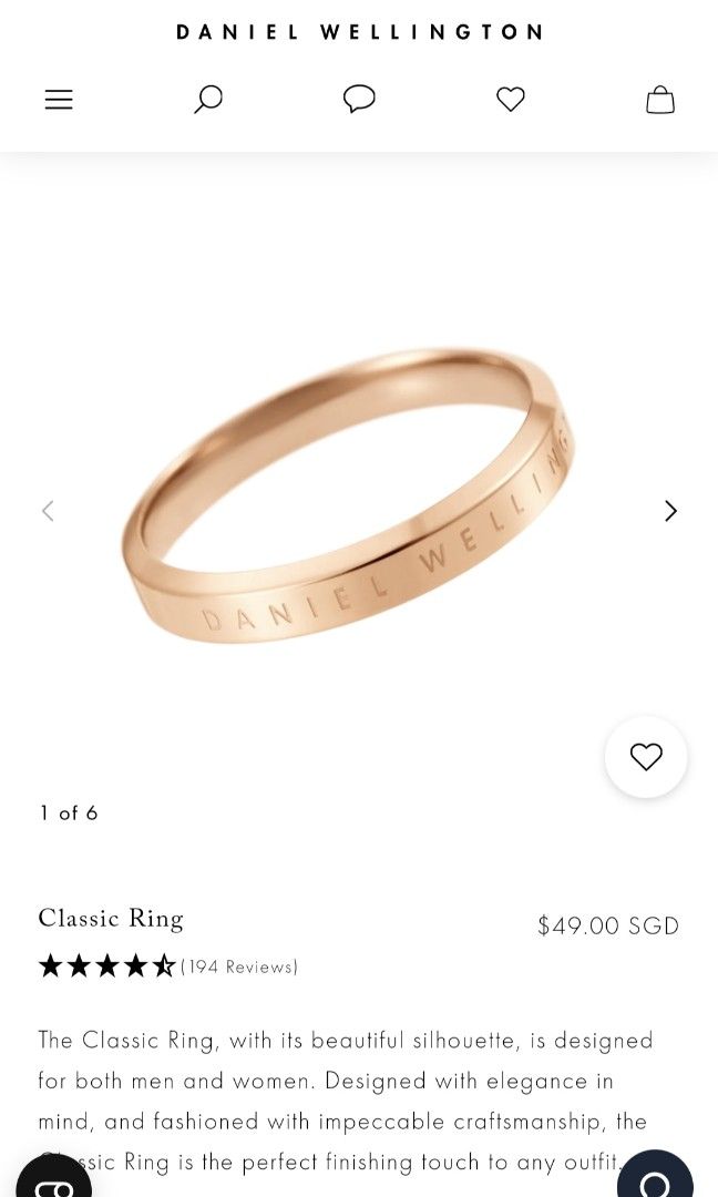 Daniel Wellington rose gold ring, size US6, Women's Fashion