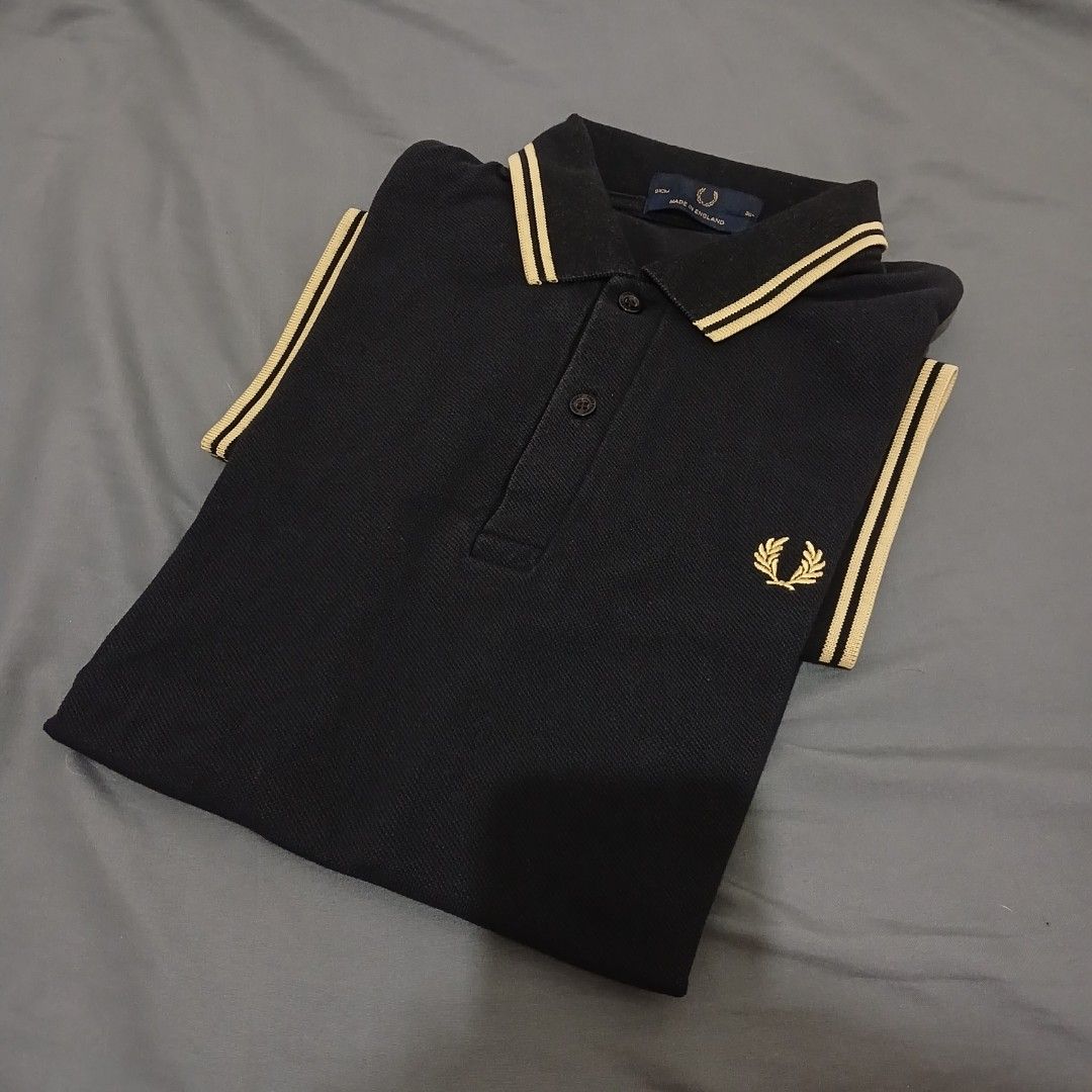 Fred perry black champagne, Fesyen Pria, Pakaian Atasan di Carousell