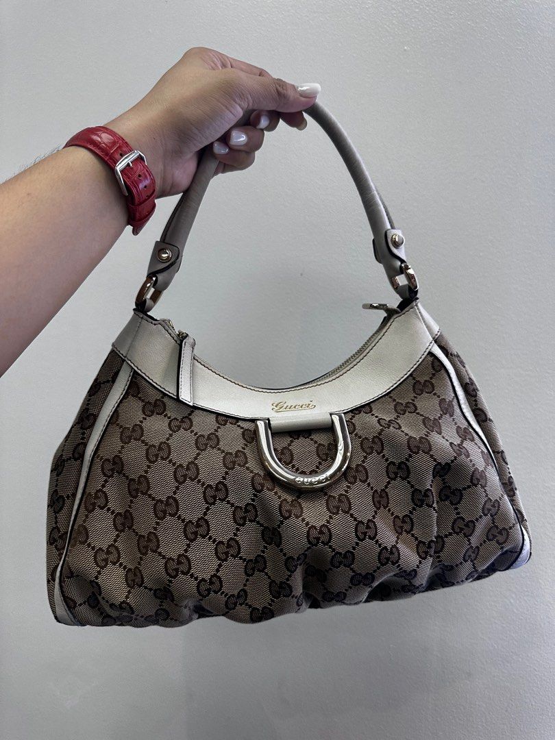 Gucci D Ring Small Beige White Canvas Hobo Bag