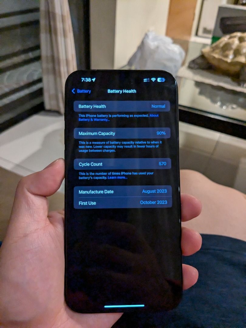Iphone 15 Pro Max 512GB (Category: iPhone 15 Series) located in Manila. Submitted by choppee (Listing ID 1332035793, Image 3). Description: 1 year old iphone 15 Pro max 512gb Blue Titanium for sale. No issues no defects. Complete with box. 90% battery health. No dents nor scratches. Comes with Spigen case and screen protector. .