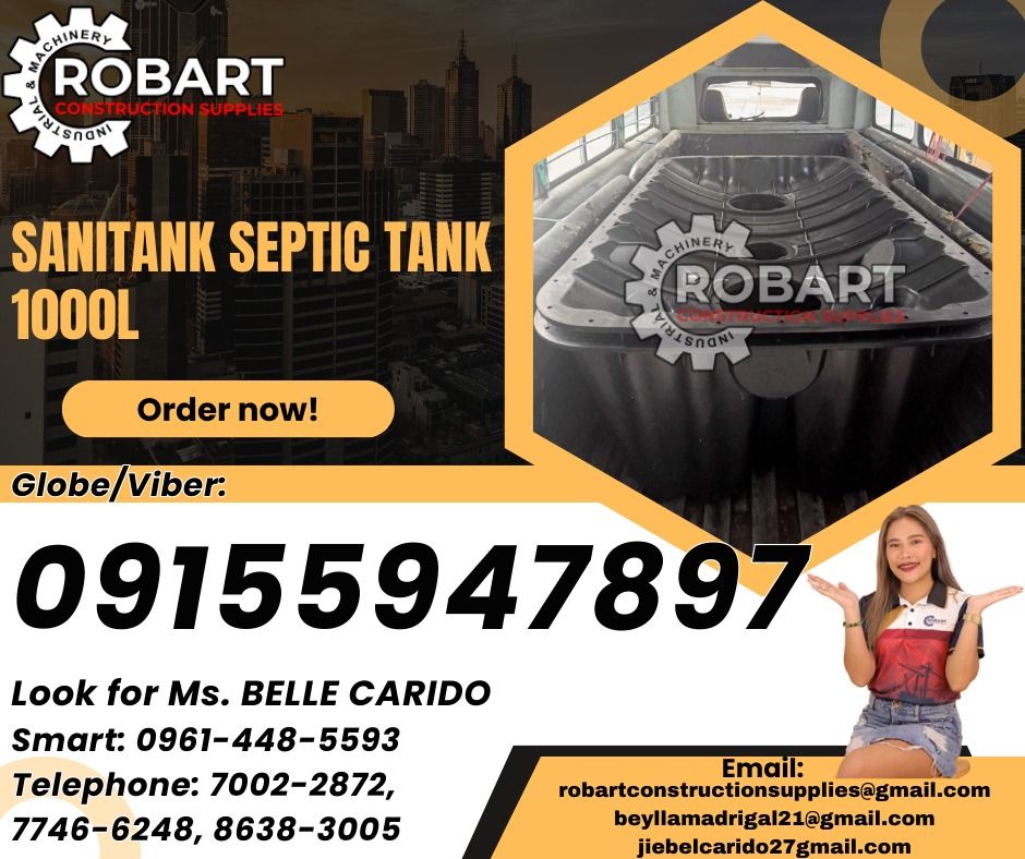 Sanitank septic tank (Category: Construction Tools & Equipment) located in Manila. Submitted by bellarobart (Listing ID 1331969618, Image 1). Description: Sanitank septic tank model: SNSP1000 size: 1000L 𝑹𝑶𝑩𝑨𝑹𝑻 𝑪𝑶𝑵𝑺𝑻𝑹𝑼𝑪𝑻𝑰𝑶𝑵 𝑺𝑼𝑷𝑷𝑳𝑰𝑬𝑺 Office Address: 1405 Yuseco St. Sta Cruz Manila SEND US MESSAGE FOR INQUIRIES ‼️ ‼️ Glb/Vibr: 0915-594-7897 Smrt: 0961-448-5593 Landline: (7746-6248 / 7002-2872) 𝓛𝓞𝓞𝓚 𝓕𝓞𝓡 𝓑𝓔𝓛𝓛𝓔 🔵