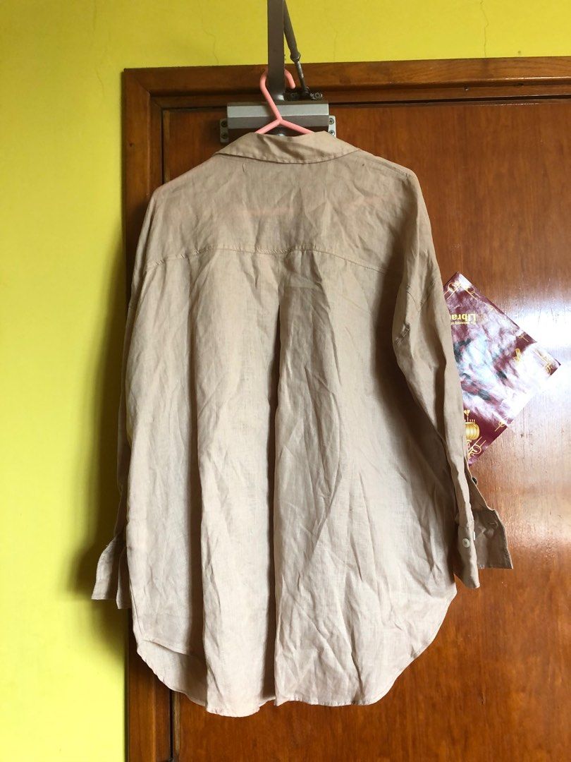Zara 100 linen beige color shirt, 女裝, 上衣, Tshirt Carousell
