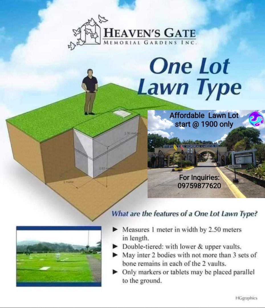 Affordable develop memorial lot in Antipolo Rizal (Category: Memorial Lot) located in Arayat. Submitted by montylaida (Listing ID 1332205195, Image 1). Description: 👉 Offers lawn lots, family estate, and other memorial options 👉 Offers lawn lots, family estate, and other memorial options from different memorial parks in Antipolo. Memorial lots are a great investment because: ✅ High Value Appreciation ✅ NO MAINTENANCE FEE ✅ Well-maintained ✅ Bea