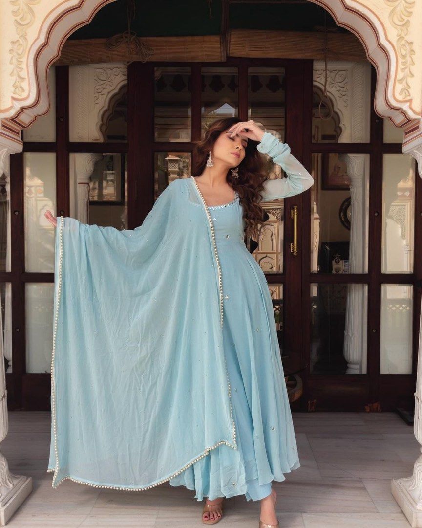 slim fit dress slacks Georgette Flowy Anarkali Gown with Matching Dupatta in Red Wine Color for Partywear main image 0