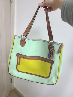 Coach Shoulder Bag Poppy Leather Hallie Color block Tote Aqua orders + Yellow