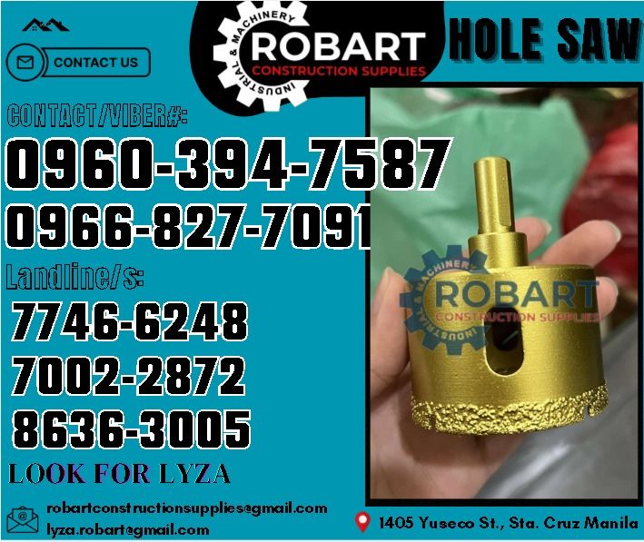 Hole Saw for Tiles and Concrete (Category: Construction Tools & Equipment) located in Manila. Submitted by lyzarobart1999 (Listing ID 1332193916, Image 1). Description: Hole Saw for Tiles and Concrete Sizes : VB 50 (2") 𝑹𝑶𝑩𝑨𝑹𝑻 𝑪𝑶𝑵𝑺𝑻𝑹𝑼𝑪𝑻𝑰𝑶𝑵 𝑺𝑼𝑷𝑷𝑳𝑰𝑬𝑺 𝒪𝒻𝒻𝒾𝒸𝑒 𝒜𝒹𝒹𝓇𝑒𝓈𝓈: 𝟣𝟦𝟢𝟧 𝒴𝓊𝓈𝑒𝒸𝑜 𝒮𝓉. 𝒮𝓉𝒶 𝒞𝓇𝓊𝓏 𝑀𝒶𝓃𝒾𝓁𝒶 ꜱᴇɴᴅ ᴜꜱ ᴍᴇꜱꜱᴀɢᴇ ꜰᴏʀ ɪɴQᴜɪʀɪᴇꜱ ‼️ ‼️ ɢʟᴏʙᴇ: (0966-827-7091) ꜱᴍʀᴛ - (0960-394-7587) ᴠɪʙʀ - 