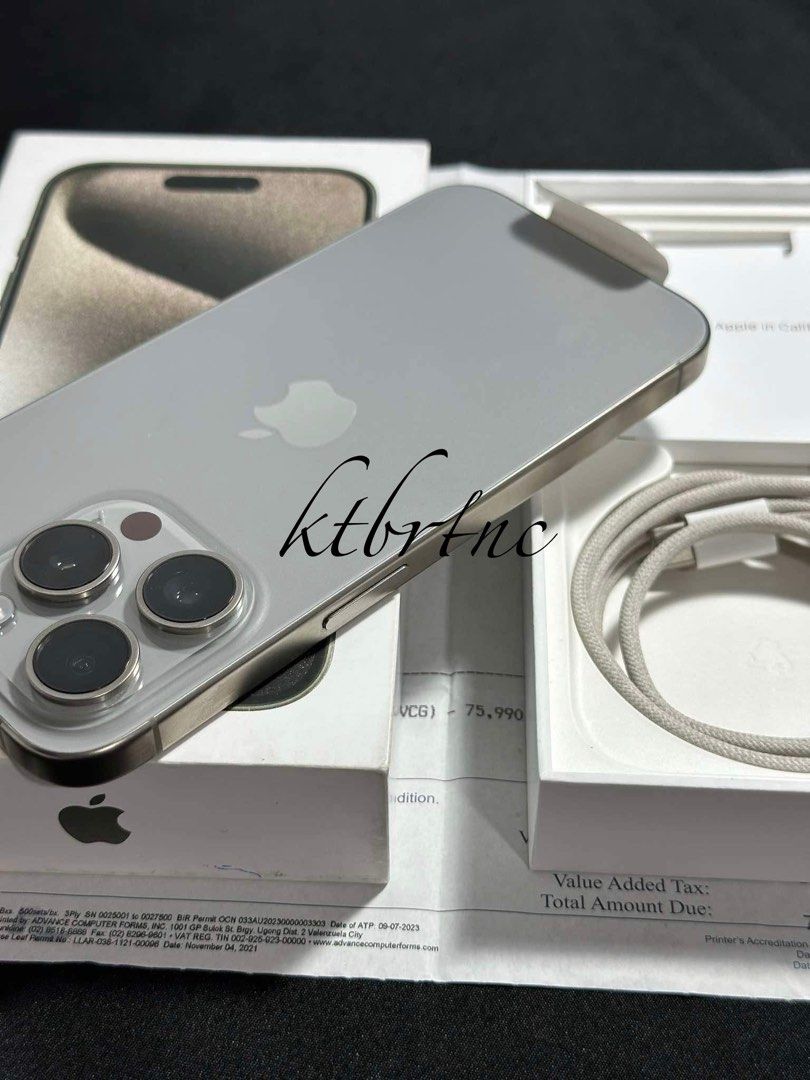 iPhone 15 Pro 256gb (Category: iPhone 15 Series) located in Cavite. Submitted by katbritani92264 (Listing ID 1332112909, Image 3). Description: 4 months old iPhone 15 Pro 256 GB Factory Unlocked Natural Titanium (NOT pro max) •Months used only, good as new •Warranty til June 2025 •99% battery health •Smooth, no dents, no issues Complete with original box same imei, original cord, manuals, receipt from Silicon Valley Free 20w adapter, case, and te
