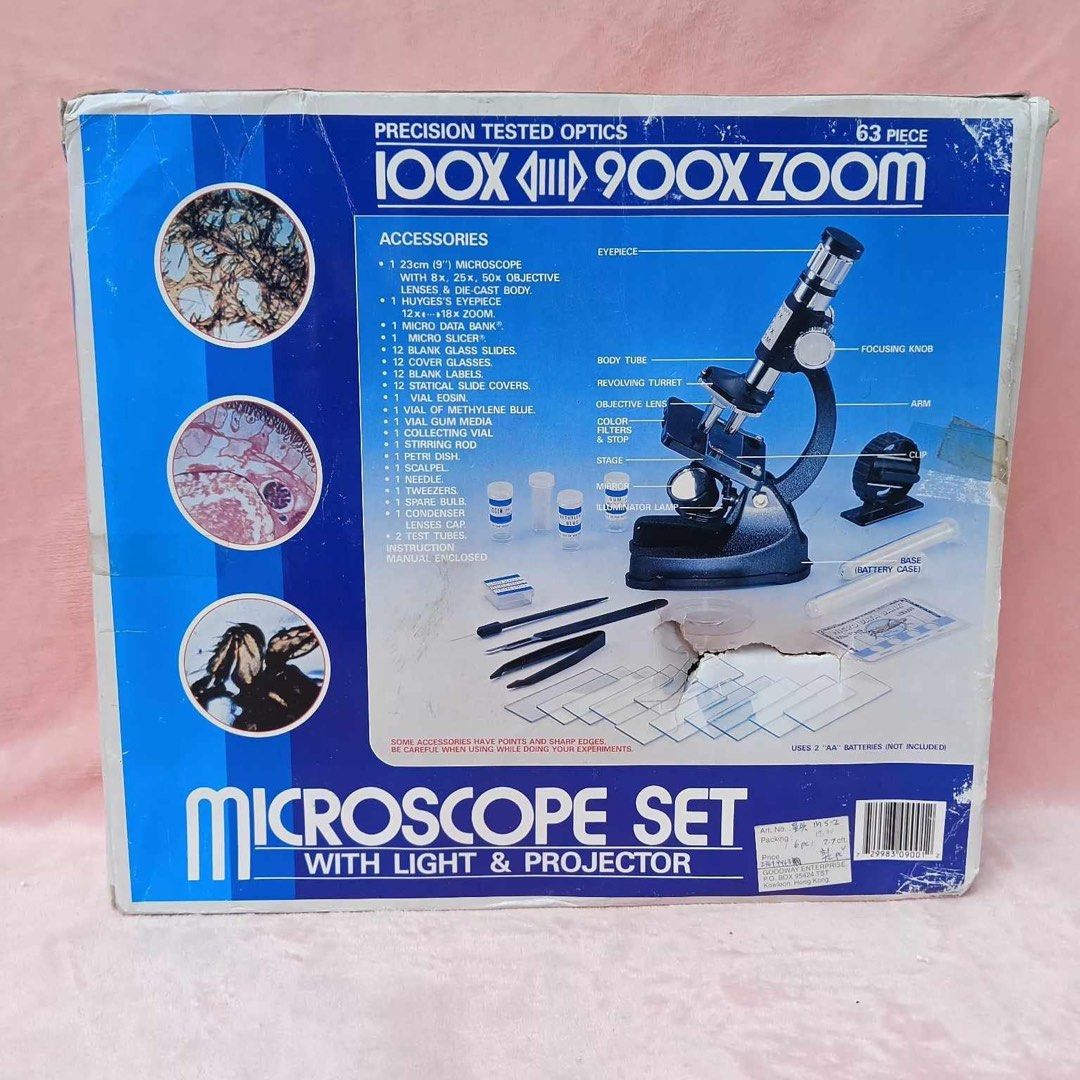 Microscope 900x (Category: Medical Supplies & Tools) located in Quezon City. Submitted by chanel81 (Listing ID 1332261126, Image 2). Description: 900X MICROSCOPE SET Precision tested optics with 100x-900x zoom view. Now young scientists can investigate everything from cells to crystals with this 63-piece microscope set. This set includes all the tools kids need to create their own specimen slides and view them at up to 90px magnification. Compone