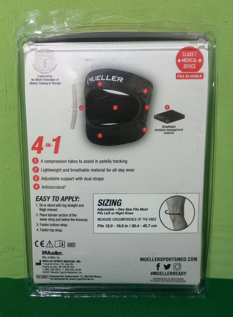 Mueller® Adjustable Max Knee Strap (Category: Braces, Support & Protection) located in Marikina City. Submitted by entropymarketing (Listing ID 1294963582, Image 2). Description: The Mueller® Adjustable Max Knee Strap Brandnew Imported from USA Authentic One Size 12 to 18 in Features & details 👉Antimicrobial 👉Upper compression tube targets quadriceps misalignment to help improve patellar tracking 👉Breathable mesh fabric in back of the knee str
