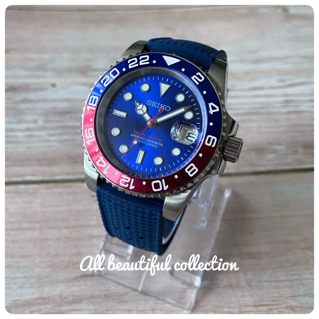 Seiko mod Yachtmaster Blue Red Pepsi GMT bezel automatic watch