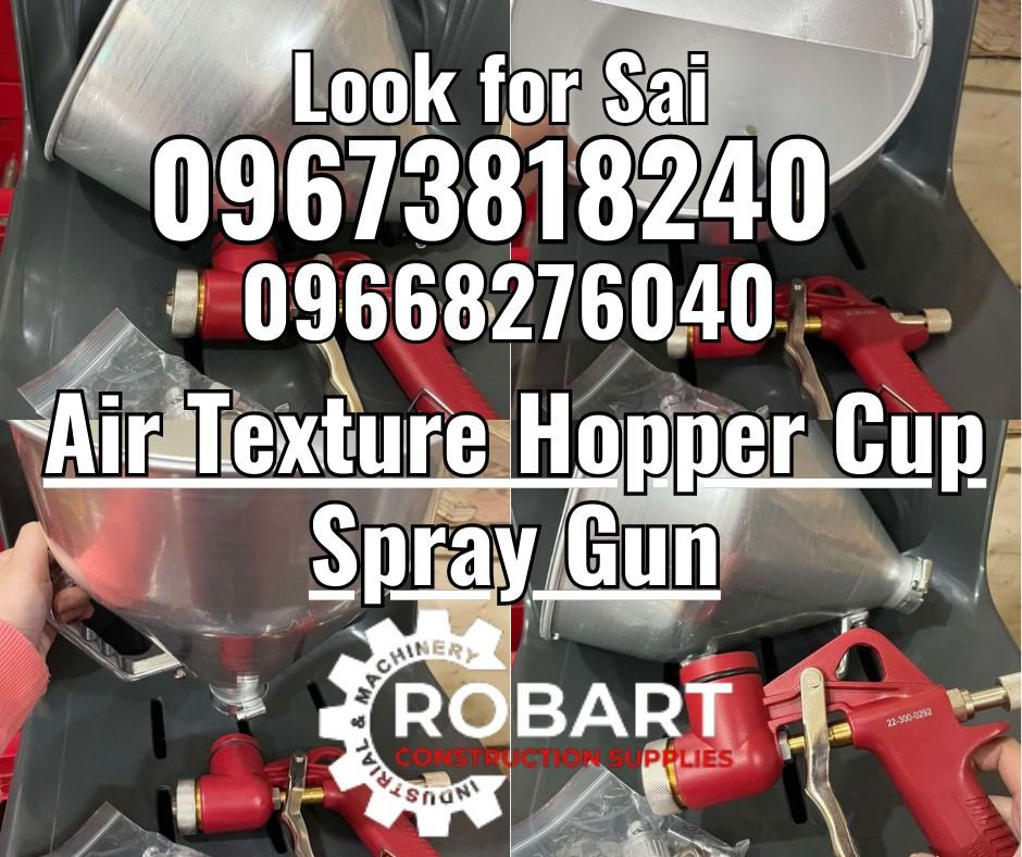 Air Texture Hopper Cup Spray Gun (Category: Construction Tools & Equipment) located in Manila. Submitted by robartehm (Listing ID 1332358039, Image 1). Description: Air Texture Hopper Cup Spray Gun Model: MMG-300 (alloy) ROBART CONSTRUCTION SUPPLIES For inquiries: For FAST TRANSACTION: Sai Robart - 09673818240 / 09662708706 Vbr: Robart Sai - 09673818240 sairobart3@gmail. com Office Address: 1405 Yuseco St. Sta. Cruz Manila 7746-6248, 7216-7605 ,7