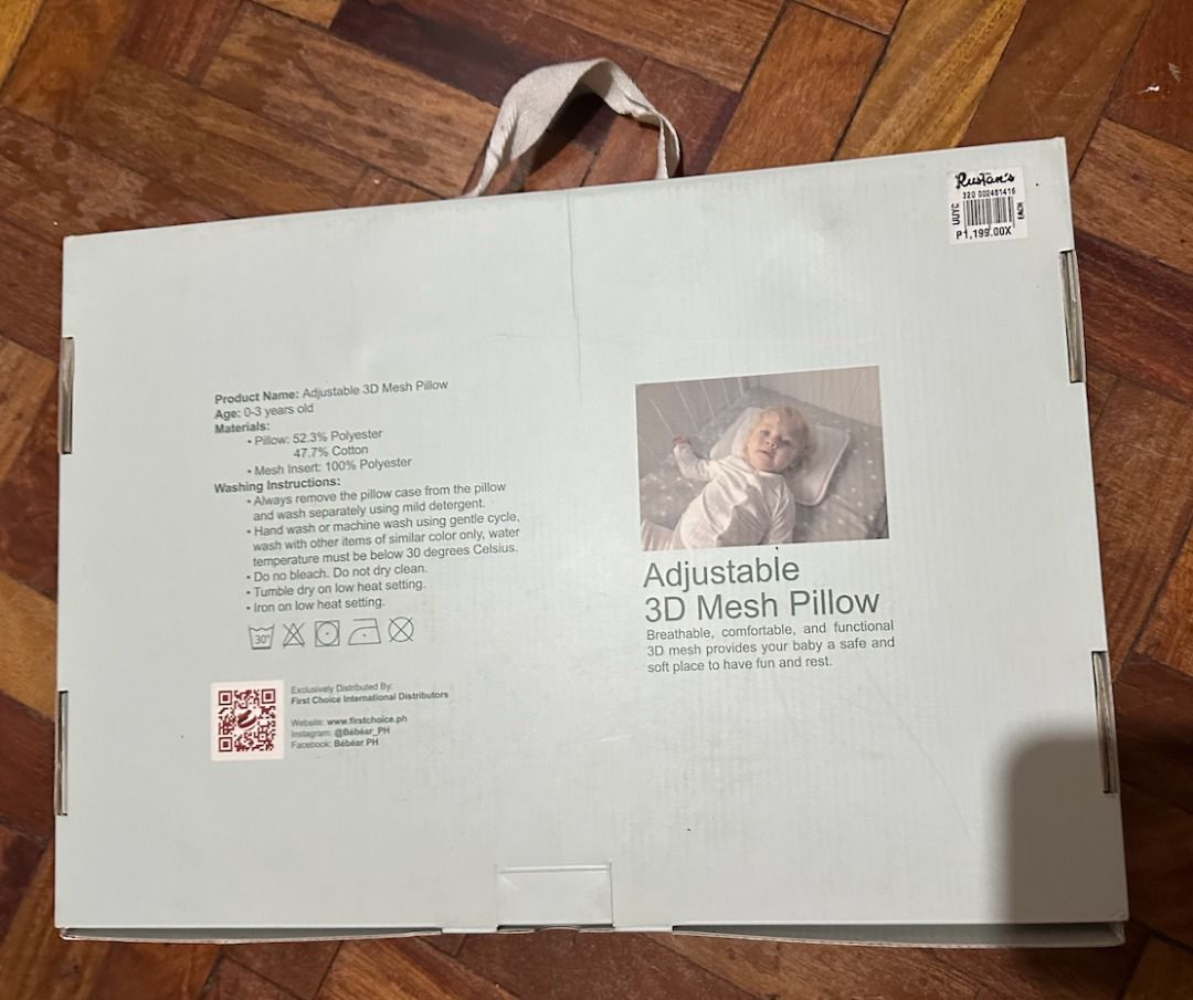 BRAND NEW IN BOX Bebear Adjustable 3D Mesh Pillow (White) (Category: Cots & Cribs) located in Manila. Submitted by pearleee (Listing ID 1332439908, Image 2). Description: BRAND NEW IN BOX Breathable, keeps moisture away Promotes natural air-circulation as 3D mesh material effectively disperses and eliminates heat from the head and neck of babies Contour design prevents flat-head syndrome, helps in head-shaping of the baby Center contour design su