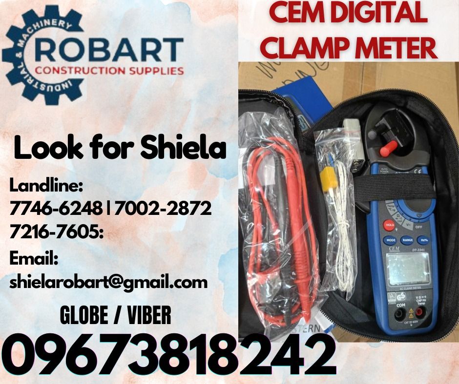CEM DIGITAL CLAMP METER (Category: Construction Tools & Equipment) located in Caloocan City. Submitted by shielaroba44709 (Listing ID 1332367858, Image 1). Description: CEM DIGITAL CLAMP METER MODEL: DT-3341 𝑹𝑶𝑩𝑨𝑹𝑻 𝑪𝑶𝑵𝑺𝑻𝑹𝑼𝑪𝑻𝑰𝑶𝑵 𝑺𝑼𝑷𝑷𝑳𝑰𝑬𝑺 Office Address: 1405 Yuseco St. Sta Cruz Manila SEND US MESSAGE FOR INQUIRIES ‼️ ‼️ Call: 09673818242 / 09662708845 Vibr - (09673818242) Landline: (𝟩𝟩𝟦𝟨-𝟨𝟤𝟦𝟪) / (𝟩𝟢𝟢𝟤-𝟤𝟪𝟩𝟤