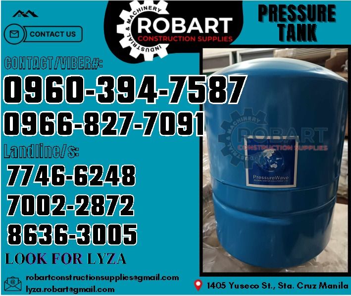 Diaphragm Pressure Tank (Category: Construction Tools & Equipment) located in Manila. Submitted by lyzarobart1999 (Listing ID 1332333581, Image 1). Description: Diaphragm Pressure Tank Brand: Aquaflo Code: PWNBUE-24LX 21Gal 𝑹𝑶𝑩𝑨𝑹𝑻 𝑪𝑶𝑵𝑺𝑻𝑹𝑼𝑪𝑻𝑰𝑶𝑵 𝑺𝑼𝑷𝑷𝑳𝑰𝑬𝑺 𝒪𝒻𝒻𝒾𝒸𝑒 𝒜𝒹𝒹𝓇𝑒𝓈𝓈: 𝟣𝟦𝟢𝟧 𝒴𝓊𝓈𝑒𝒸𝑜 𝒮𝓉. 𝒮𝓉𝒶 𝒞𝓇𝓊𝓏 𝑀𝒶𝓃𝒾𝓁𝒶 ꜱᴇɴᴅ ᴜꜱ ᴍᴇꜱꜱᴀɢᴇ ꜰᴏʀ ɪɴQᴜɪʀɪᴇꜱ ‼️ ‼️ ɢʟᴏʙᴇ: (0966-827-7091) ꜱᴍʀᴛ - (0960-394-7587) ᴠɪʙ