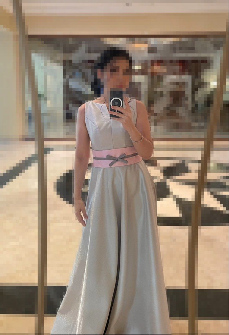 Grayish Silver Formal Long Gown Used Once Women s Fashion Dresses Sets Evening dresses gowns on Carousell