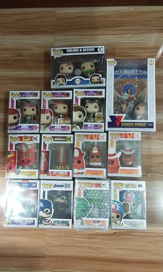 funko pop (Category: Designer & Blind Box Toys) located in Muntinlupa City. Submitted by grayfox05 (Listing ID 1332412583, Image 2). Description: for sale funko pop wonder woman..sold ariel regular...sold ariel gold exclusive edition...sold belle gold exclusive edition...sold pdeng set po sa disney princess disney princess set 3pcs...sold captain america...1300 pesos fruity pebbles...1200 pesos hot tamales...1200 pesos mc nuggets set 2pcs...1500 