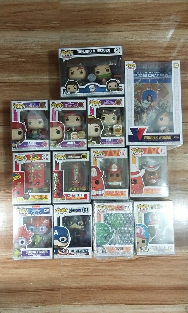 funko pop (Category: Designer & Blind Box Toys) located in Muntinlupa City. Submitted by grayfox05 (Listing ID 1332412583, Image 1). Description: for sale funko pop wonder woman..sold ariel regular...sold ariel gold exclusive edition...sold belle gold exclusive edition...sold pdeng set po sa disney princess disney princess set 3pcs...sold captain america...1300 pesos fruity pebbles...1200 pesos hot tamales...1200 pesos mc nuggets set 2pcs...1500 