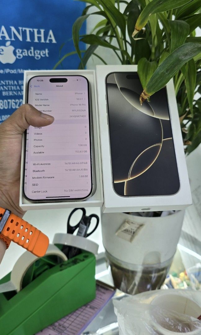 Iphone 16 Pro 128gb HK Variant Dual Sim (Category: iPhone 16 Series) located in Quezon City. Submitted by samanthaga21954 (Listing ID 1332323114, Image 2). Description: Iphone 16 Pro 128gb HK Variant Dual Sim Good as Bnew Complete Package Onhand Stock.
