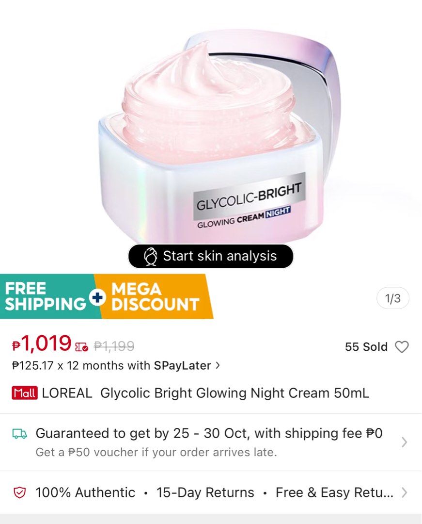 LOreal Glycolic Bright Glowing Night Cream (Category: Face Care) located in Taguig. Submitted by hoshibestboi (Listing ID 1332435105, Image 3). Description: LOREAL Glycolic Bright Glowing Night Cream Sealed, unused Get 5% off bundled with other items in my listing RFS: Decluttering .