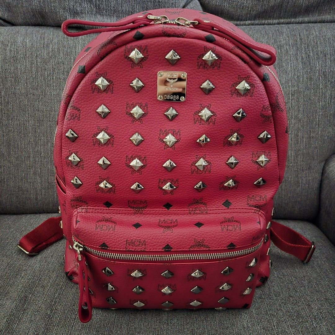 MCM Red Visetos Stud Stark Backpack